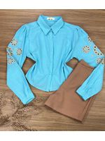 Camisa Manga Bordada Azul