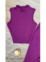 Conjunto Moletinho Saia Mid e Blusa Gola Alta Fucsia 