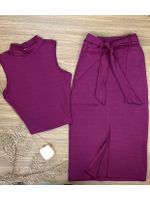 Conjunto Moletinho Saia Mid e Blusa Gola Alta Fucsia 