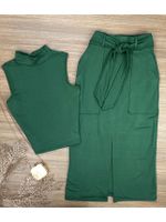 Conjunto Moletinho Saia Mid e Blusa Gola Alta Verde Militar