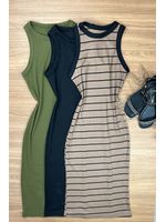 Vestido Mid canelado listras Preta com Nud