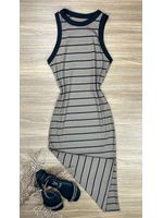 Vestido Mid canelado listras Preta com Nud