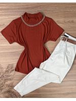 Blusa Manga Curta Gola Alta Terra Cota 