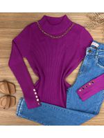 Blusa Tricô Canelado Gola Alta Fucsia