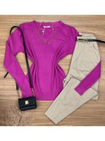 Blusa Tricô Sueter Fucsia Gola V 