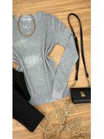 Blusa Tricô Sueter Cinza Gola V