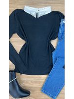Blusa Tricô Preta Gola Bordada 