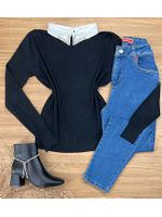 Blusa Tricô Preta Gola Bordada 