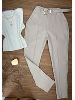 Calça Alfaiataria com Cinto Bege