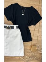 Blusa Canelada Max Croped Com Manga Preta