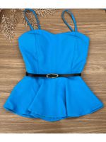 Conjunto Alfaiataria Blusa Peplum e Short Azul com Cinto 