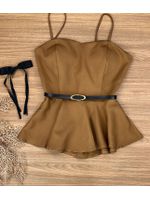 Conjunto Alfaiataria Blusa Peplum e Short Caramelo com Cinto