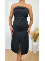 Vestido Tomara que Caia Midi Alfaiataria Preto com Cinto