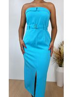 Vestido Tomara que Caia Midi Alfaiataria Azul com Cinto 