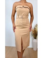Vestido Tomara que Caia Midi Alfaiataria Bege com Cinto 