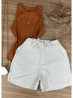 Short Alfaiataria Com Cinto de Flor Bege