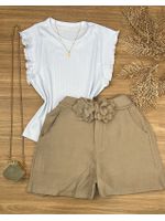 Short Alfaiataria Com Cinto de Flor Caqui