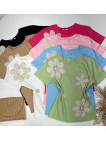 Tshirt Bordada Flor Crochê Azul