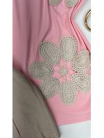 Tshirt Bordada Flor Crochê Rosa
