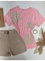 Tshirt Bordada Flor Crochê Rosa