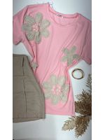 Tshirt Bordada Flor Crochê Rosa