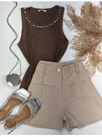 Blusa Canelada Regata Colar Strass Marrom