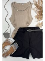 Blusa Canelada Regata Colar Strass Bege
