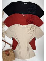 Blusa Canelada Com Aplicação de Flor Bege Manga Curta 