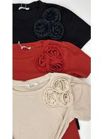 Blusa Canelada Com Aplicação de Flor Bege Manga Curta 