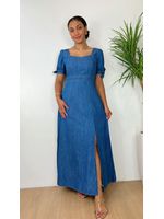 Vestido Longo Jeans com Manga Princesa