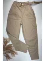 Calça Cenoura com Cinto Bege