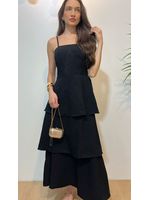 Vestido Midi Camadas com Alça Fina Preto