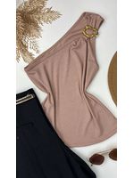 Blusa Canelada Nula manga com Detalhe Fivela Bege