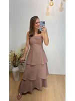Vestido Midi Camadas com Alça Fina Bege