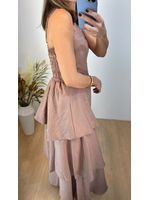 Vestido Midi Camadas com Alça Fina Bege