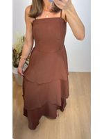 Vestido Midi Camadas com Alça Fina Marrom