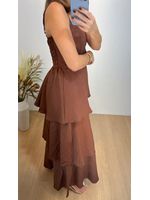 Vestido Midi Camadas com Alça Fina Marrom