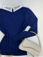 Blusa Tricô Gola Bordada Azul Marinho