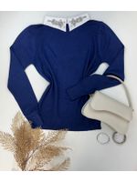 Blusa Tricô Gola Bordada Azul Marinho