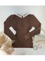 Blusa Tricô Gola Bordada Marrom