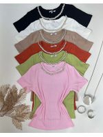 Blusa Canelada Gola Bordada Com Pedraria