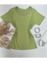 Blusa Canelada Gola Bordada Com Pedraria 