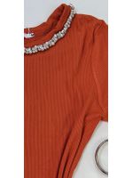 Blusa Canelada Gola Bordada Com Pedraria 