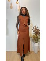 Conjunto Saia Mídi e Cropped Regata Marrom 