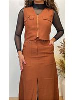 Conjunto Saia Mídi e Cropped Regata Marrom 