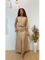 Conjunto Saia Mídi e Cropped Regata Bege 