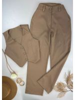 Conjunto Calça e Colete Wide Leg Alfaiataria Bege 