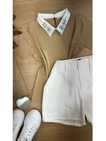 Blusa Gola Polo Com pedrarias Bege 