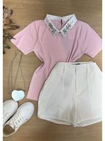 Blusa Gola Polo Com pedrarias Rosa Bebê 