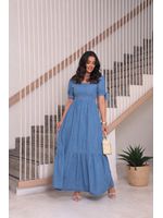 Vestido Jeans Longo Manga Curta com laço 